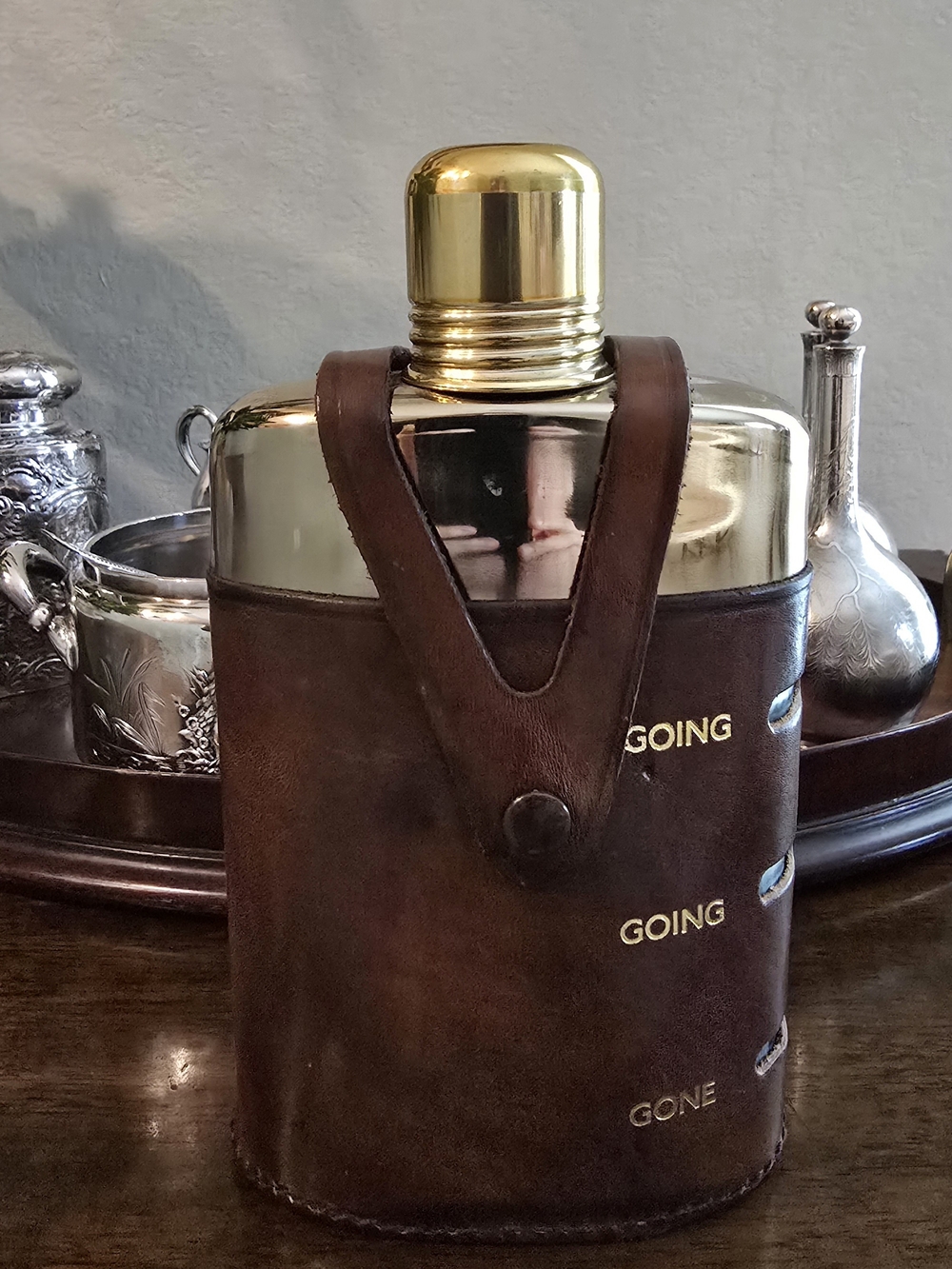 Vintage Leather Wrapped Hip Flask - Going Going Gone Brass Cap